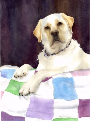 Watercolor of Kelly, a yellow lab